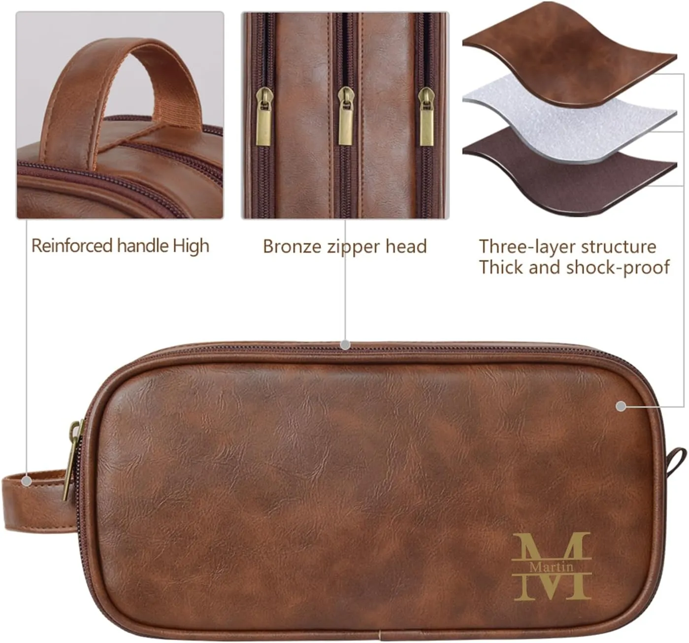 Travel Toiletry Bag for Men Personalized Leather Dopp Kit Bathroom Toiletries Organizer Cosmetic Bags with Side Handle