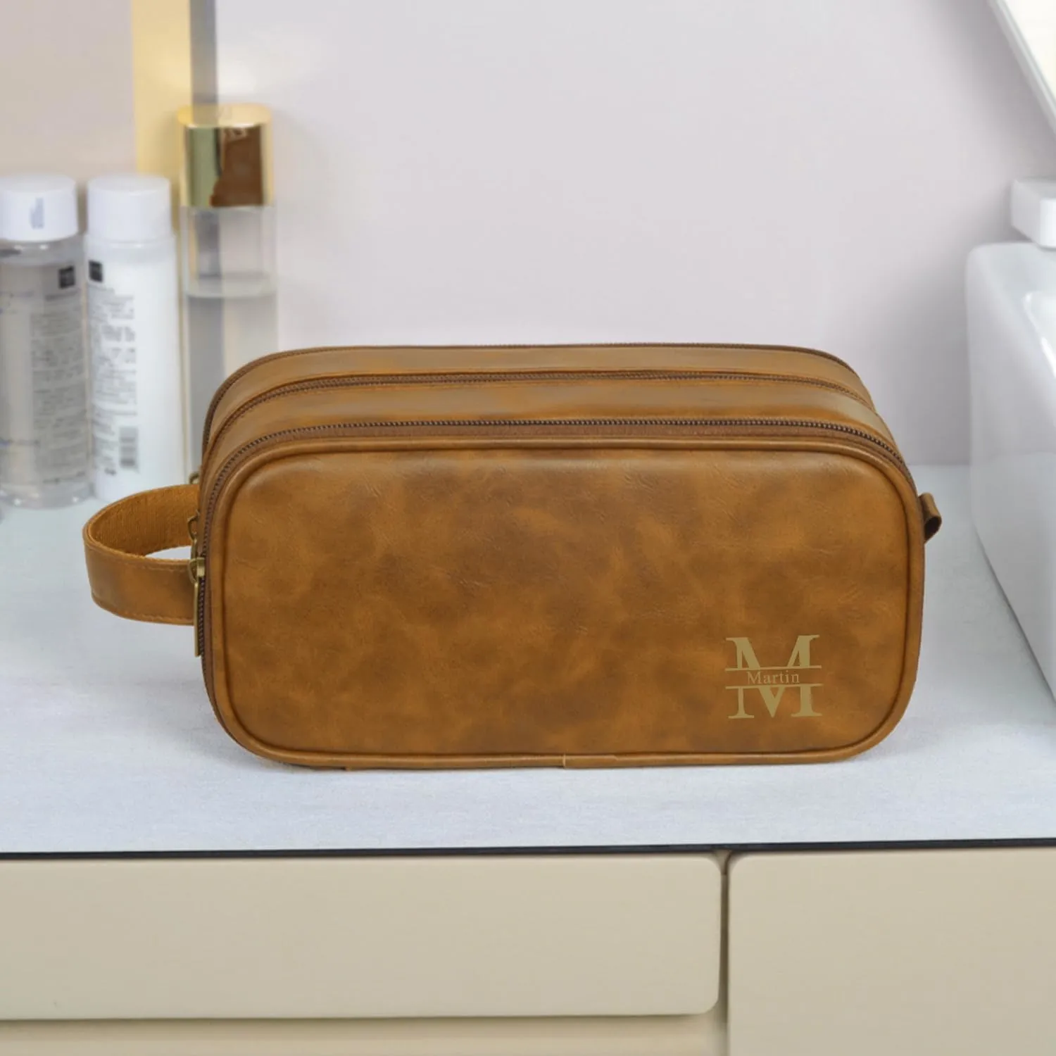 Travel Toiletry Bag for Men Personalized Leather Dopp Kit Bathroom Toiletries Organizer Cosmetic Bags with Side Handle