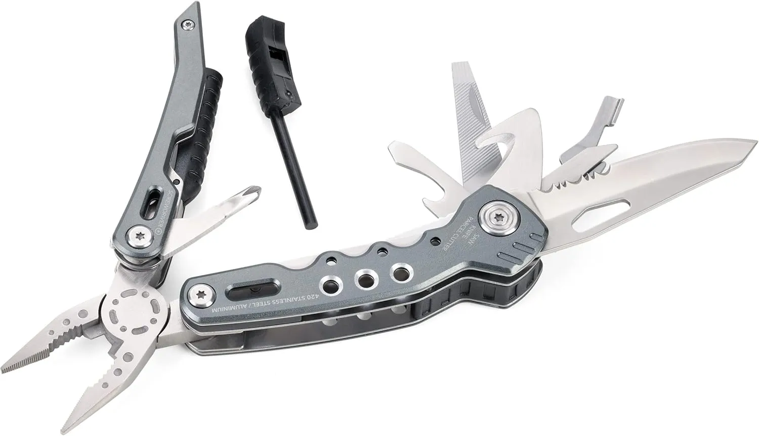 Troika Fire Tool 14 - Multi-tool with 14 functions for outdoor & survival trips – integrated spring and locking function. – 420 stainless steel, aluminium – anodised – grey