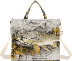 Trout Flower Corduroy Tote Bag for Women Large Shoulder Bag with Pockets for Beach Work Travel Shopping S