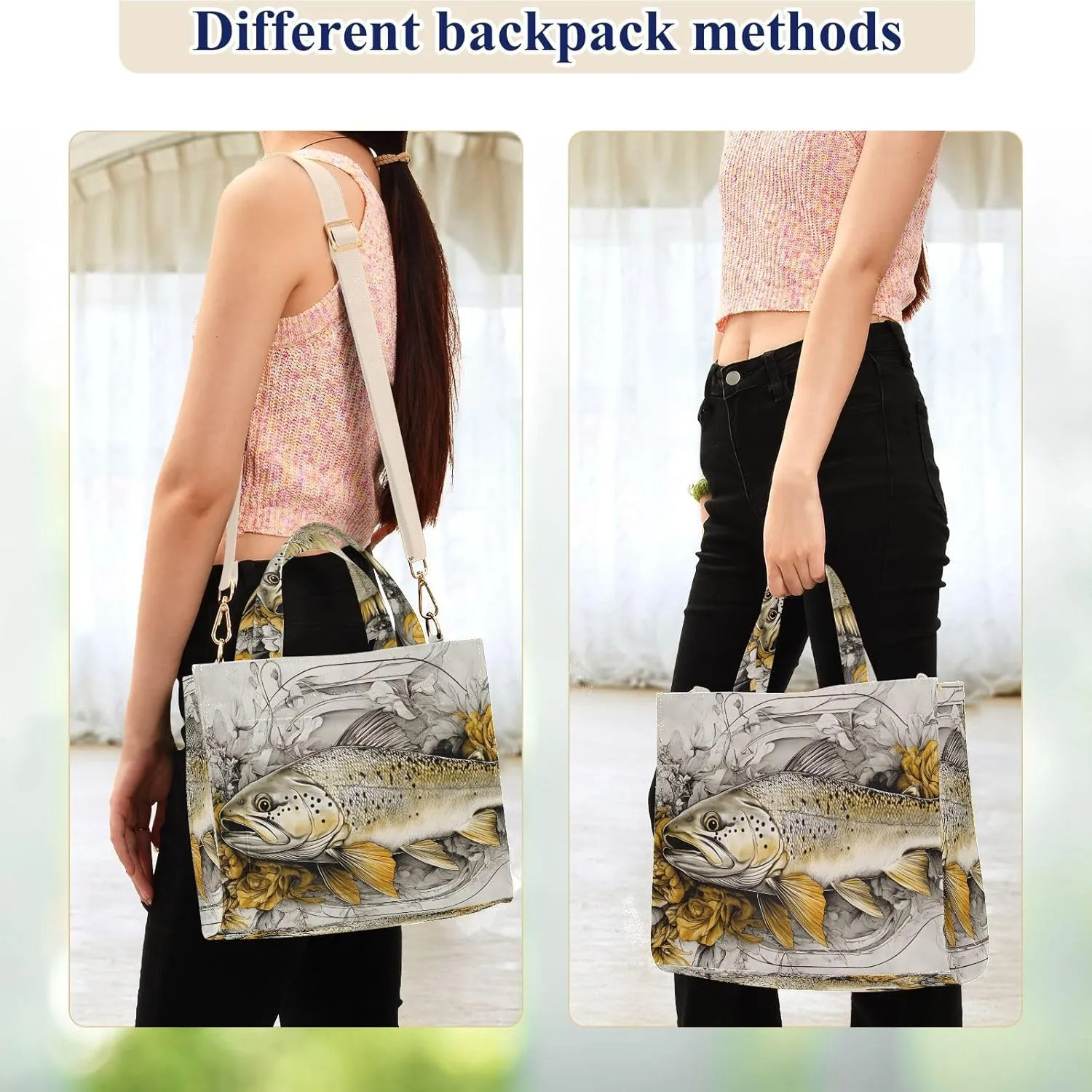 Trout Flower Corduroy Tote Bag for Women Large Shoulder Bag with Pockets for Beach Work Travel Shopping S