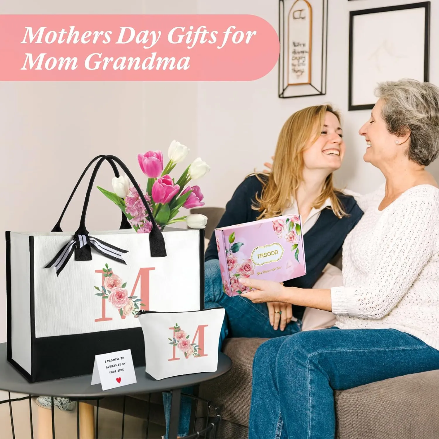 TRSODD Birthday Gifts for Women Mothers Day Gifts for Mom Wife Grandma Daughter Sister Friends Female Tote Bag and Makeup Bag Set N