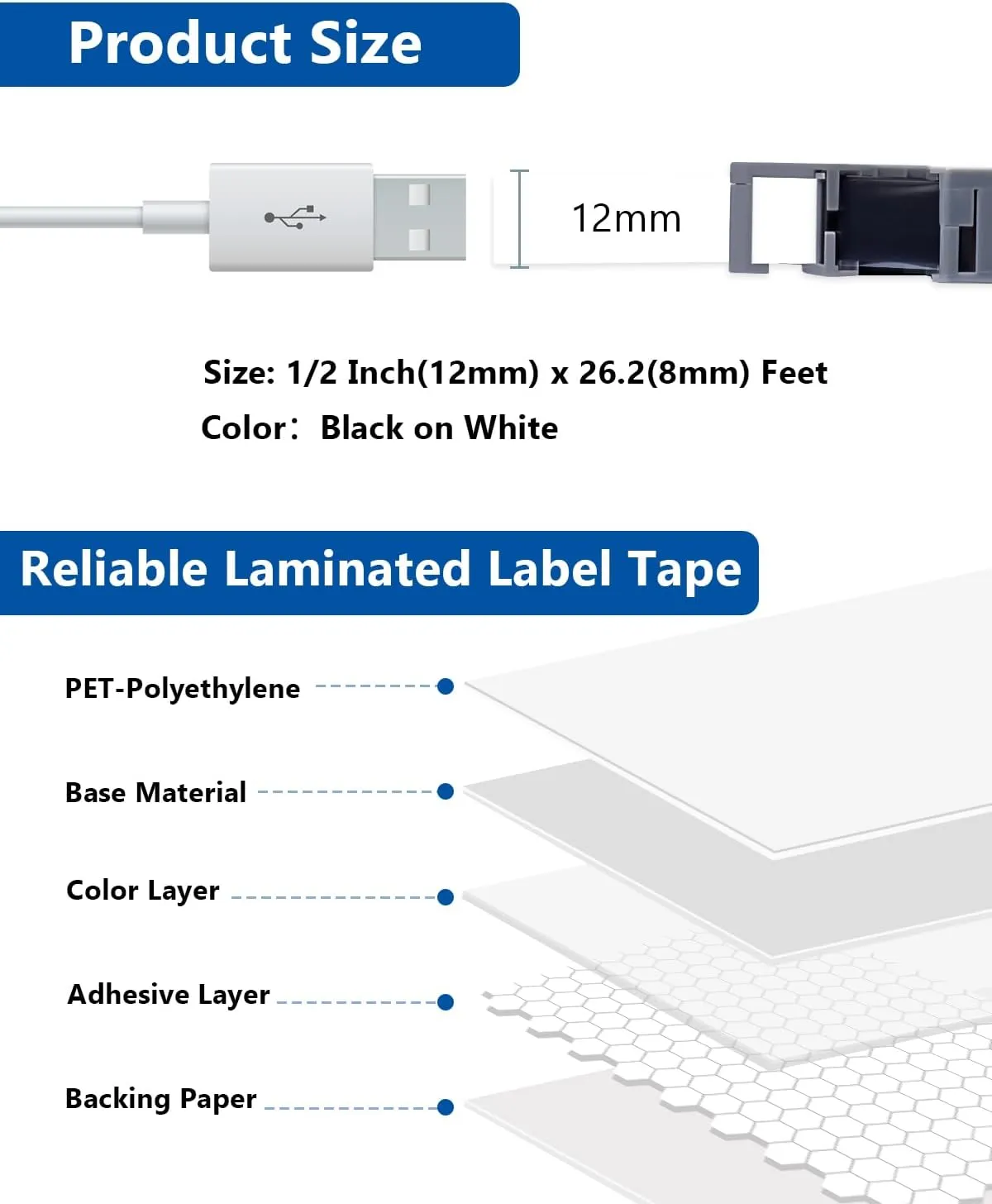 TZe TZ Tape 12mm 0.47 Inch Laminated White Compatible for P Touch Label Tape Refills for Ptouch PT-H110 D210 D220 D400 D600 Label Maker (Black on White, 10-Pack)