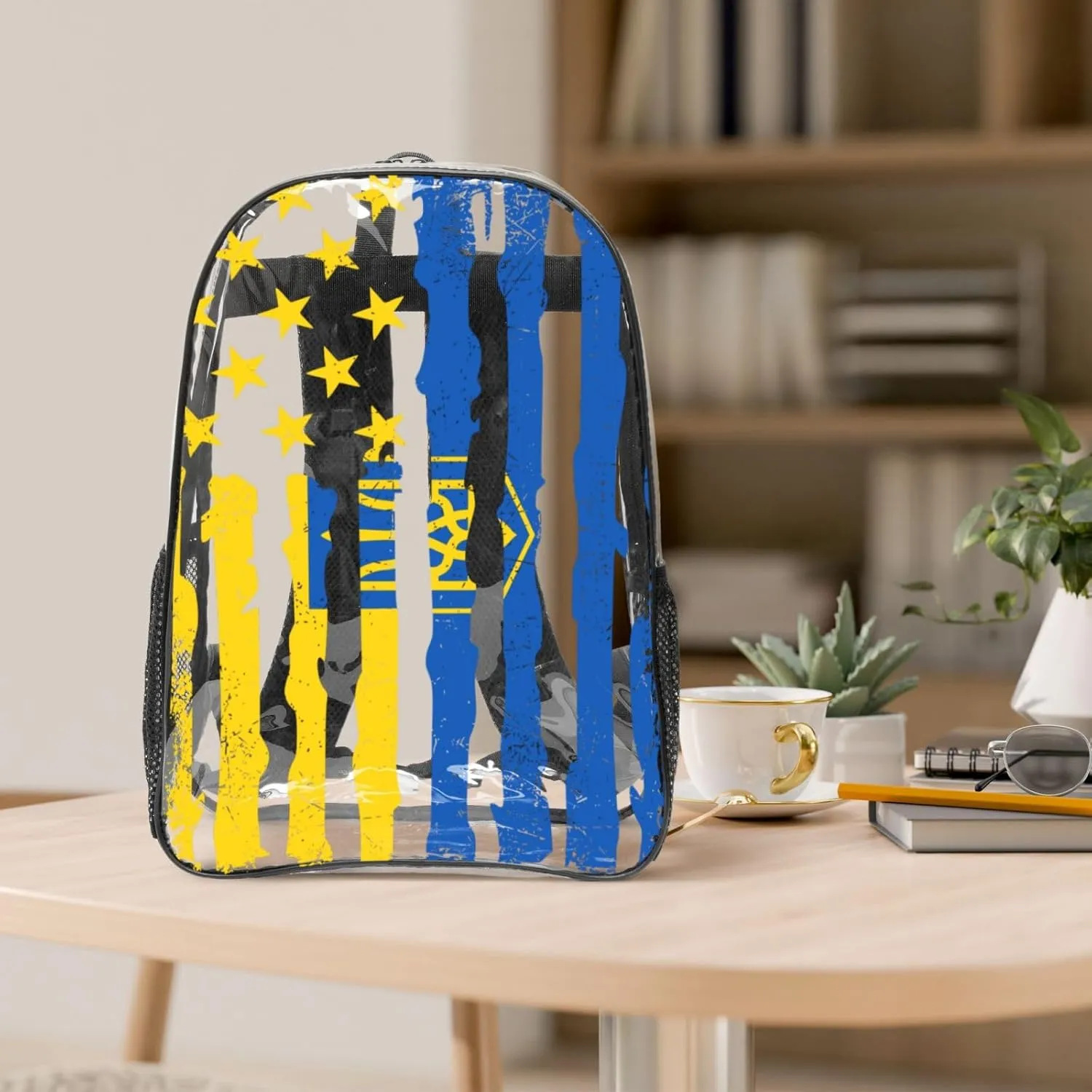Ukrainian American Flag Ukraine Roots 16 Inch Clear PVC Backpacks Transparent Backpack Multipurpose Double Shoulder Bag for Men Women Gifts