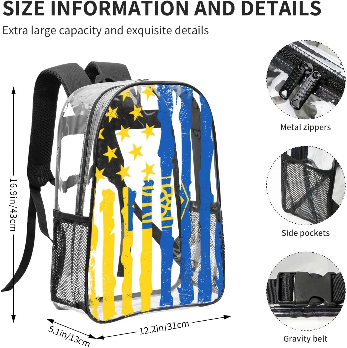 Ukrainian American Flag Ukraine Roots 16 Inch Clear PVC Backpacks Transparent Backpack Multipurpose Double Shoulder Bag for Men Women Gifts