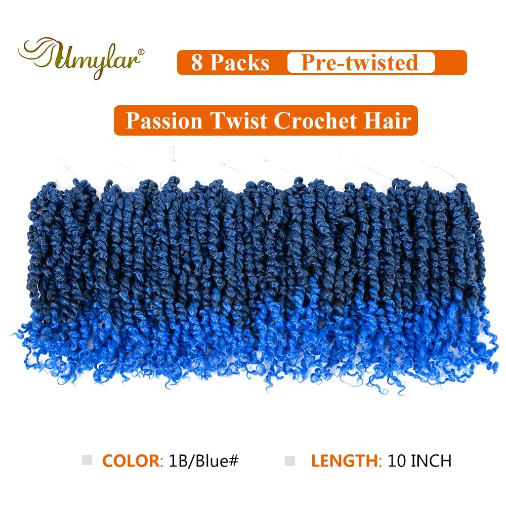 Umylar Passion Twist Crochet Hair 10 Inch 8 Packs Pre-twisted Passion Twist Crochet Hair For Women Pre-looped Short Passion Twist Hair Braids Synthetic Crochet Hair Extension (10 Inch, 1B/blue#)