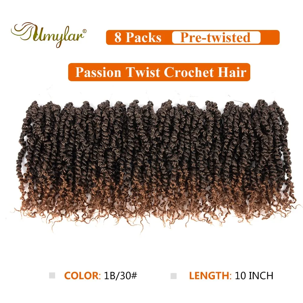 Umylar Passion Twist Hair 10 Inch 8 Packs Pre-twisted Passion Twist Crochet Hair For Women Pre-looped Short Passion Twist Bohemian Braids Synthetic Crochet Hair Extension (10 Inch (Pack of 8), 1B/30#)