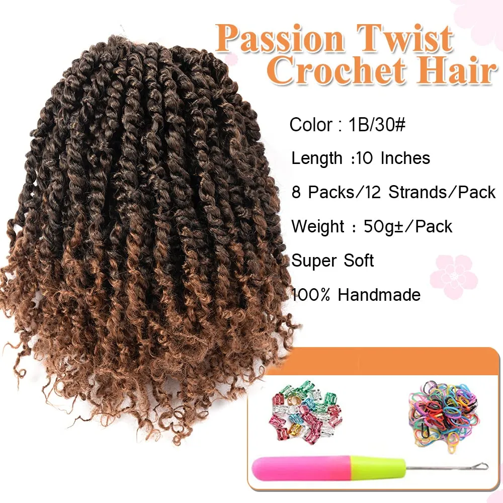 Umylar Passion Twist Hair 10 Inch 8 Packs Pre-twisted Passion Twist Crochet Hair For Women Pre-looped Short Passion Twist Bohemian Braids Synthetic Crochet Hair Extension (10 Inch (Pack of 8), 1B/30#)