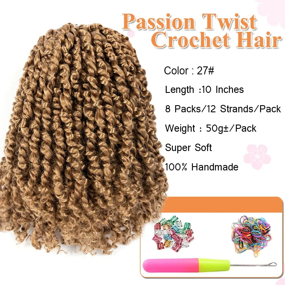 Umylar Passion Twist Hair 10 Inch 8 Packs Pre-twisted Passion Twist Crochet Hair For Women Pre-looped Short Passion Twist Bohemian Braids Synthetic Hair Extension (10 Inch (Pack of 8), 27#)