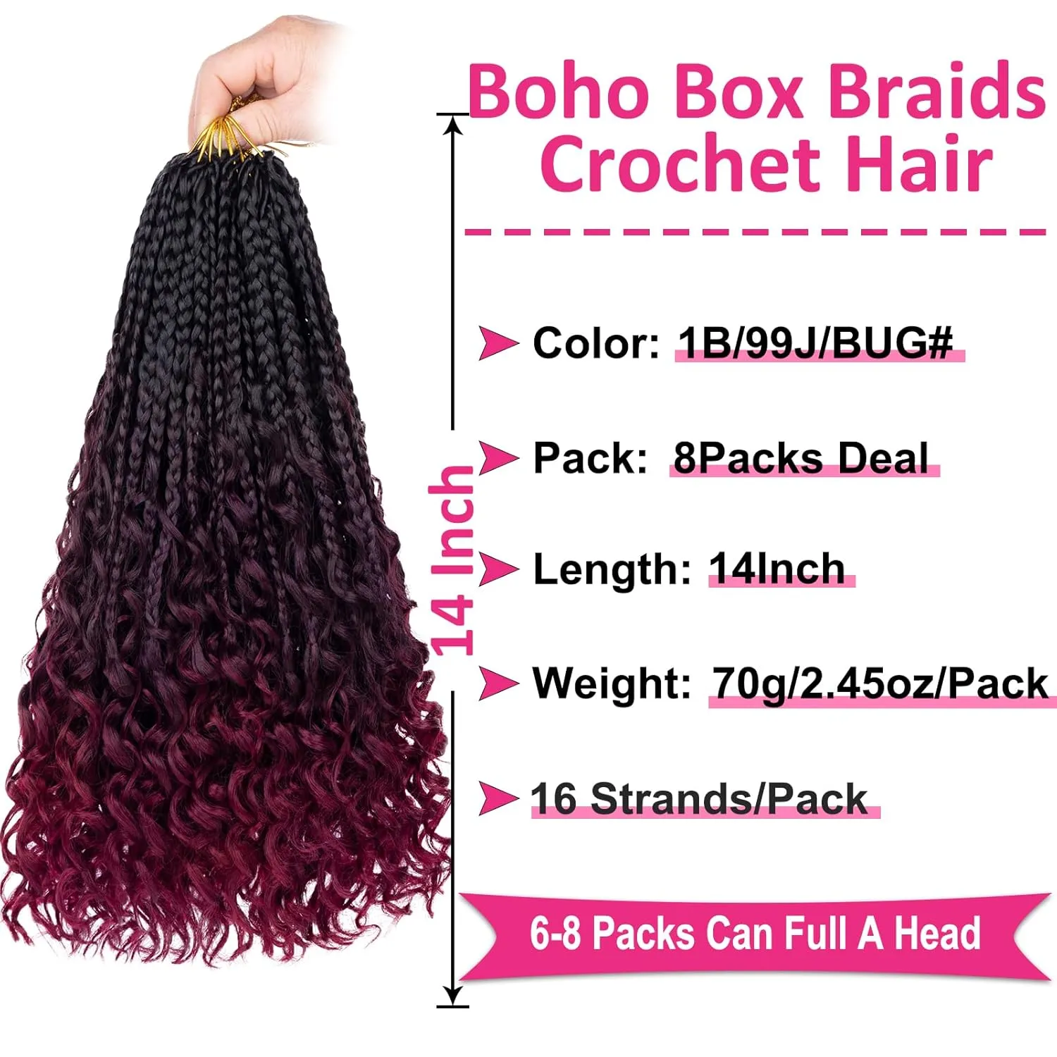 Unionbeauty 14 Inch Boho Box Braids Crochet Hair Goddess Box Braids Crochet Hair with Curly Ends 8 Packs Bohemian Box Braids Crochet Hair for Black Woman Synthetic Braiding Hair Extension 1B/99J/BUG#