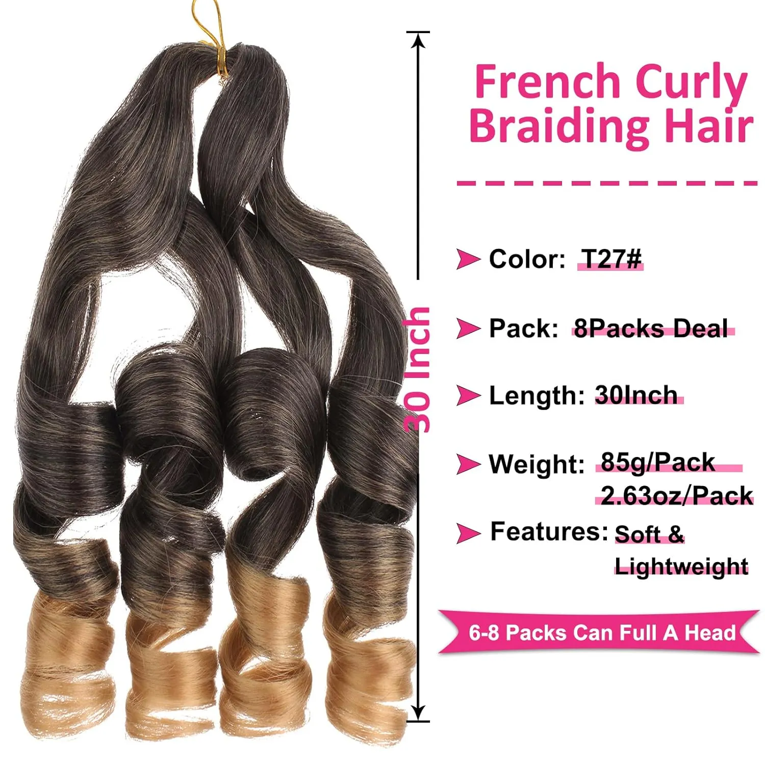 Unionbeauty 30 Inch French Curl Braiding Hair 8 Pack Pre-Stretched Braiding Hair Spanish Curl Braids Loose Wavy Crochet Hair EZ Braids Ombre Synthetic Braiding Hair Extensions for Black Women T27#