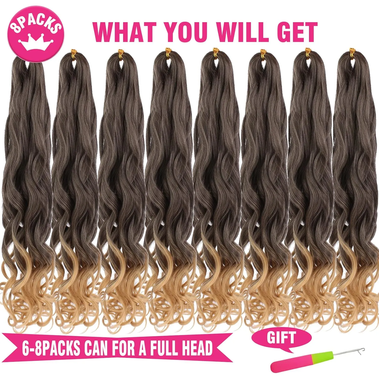 Unionbeauty 30 Inch French Curl Braiding Hair 8 Pack Pre-Stretched Braiding Hair Spanish Curl Braids Loose Wavy Crochet Hair EZ Braids Ombre Synthetic Braiding Hair Extensions for Black Women T27#