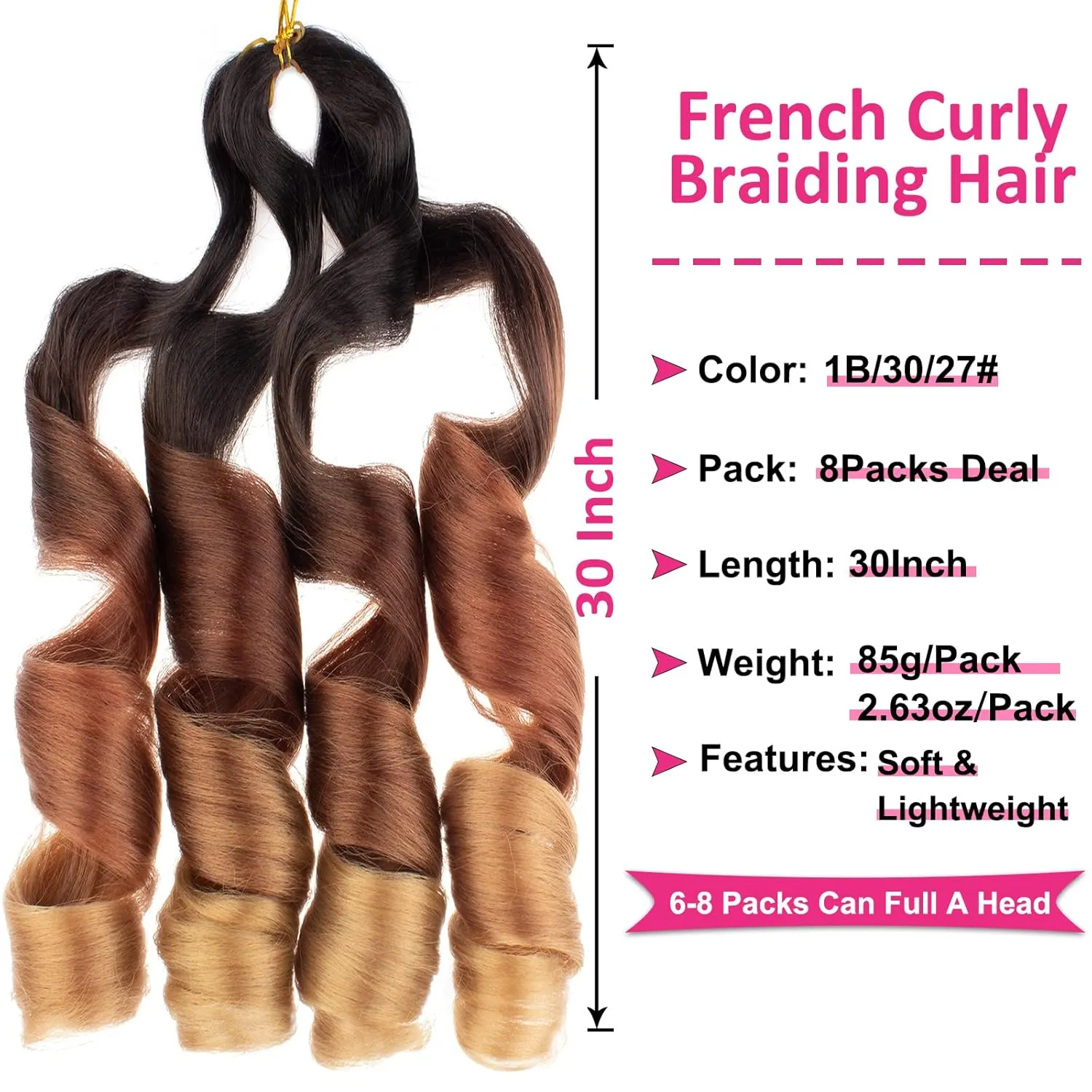 Unionbeauty 30 Inch French Curly Braiding Hair - 8 Packs Pre-Stretched Synthetic Crochet Hair Extensions for Black Women - Spanish Curl Braids, Bouncy Loose Wavy Ombre