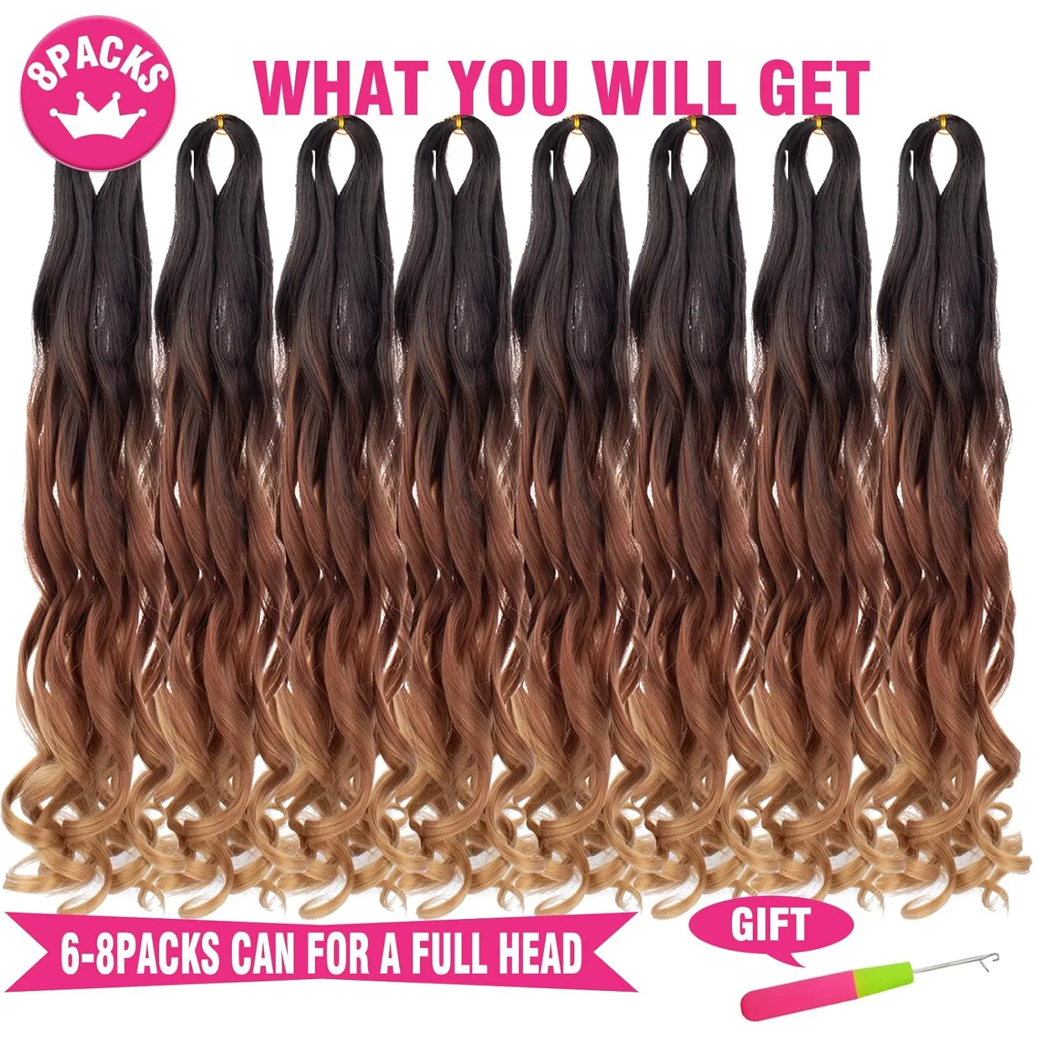 Unionbeauty 30 Inch French Curly Braiding Hair - 8 Packs Pre-Stretched Synthetic Crochet Hair Extensions for Black Women - Spanish Curl Braids, Bouncy Loose Wavy Ombre