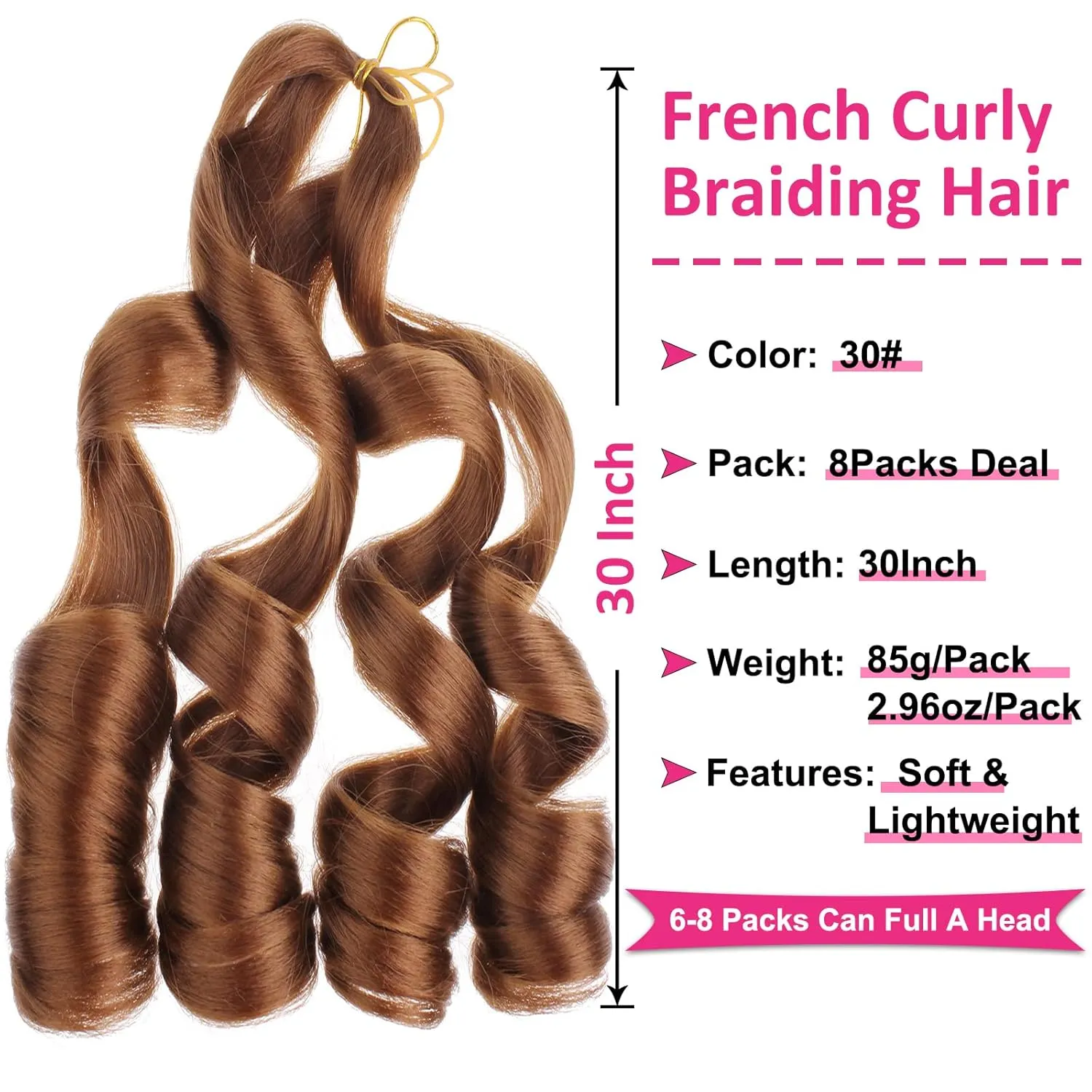 Unionbeauty 30Inch French Curly Braiding Hair 8 Pack Bouncy wave Curly Braiding Hair for Box Braids Pre Stretched French Curl Braids EZ Braids Brown Crochet Hair Synthetic Braiding Hair Extensions 30#