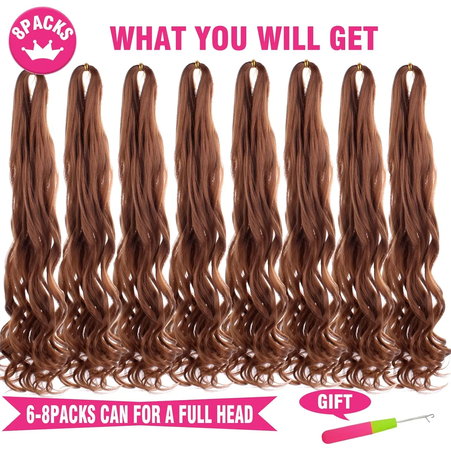 Unionbeauty 30Inch French Curly Braiding Hair 8 Pack Bouncy wave Curly Braiding Hair for Box Braids Pre Stretched French Curl Braids EZ Braids Brown Crochet Hair Synthetic Braiding Hair Extensions 30#