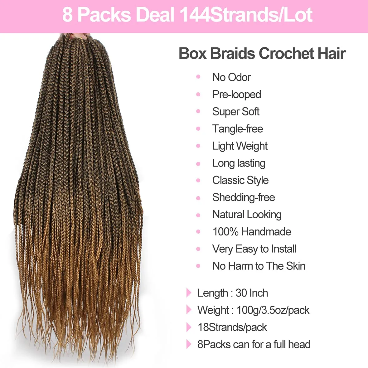 Unionbeauty 8 Packs Box Braids Crochet Hair 30 Inch Medium Ombre Knotless Goddess Braids Hair for Black Woman Pre-Looped Synthetic Braiding Hair Extension T27#