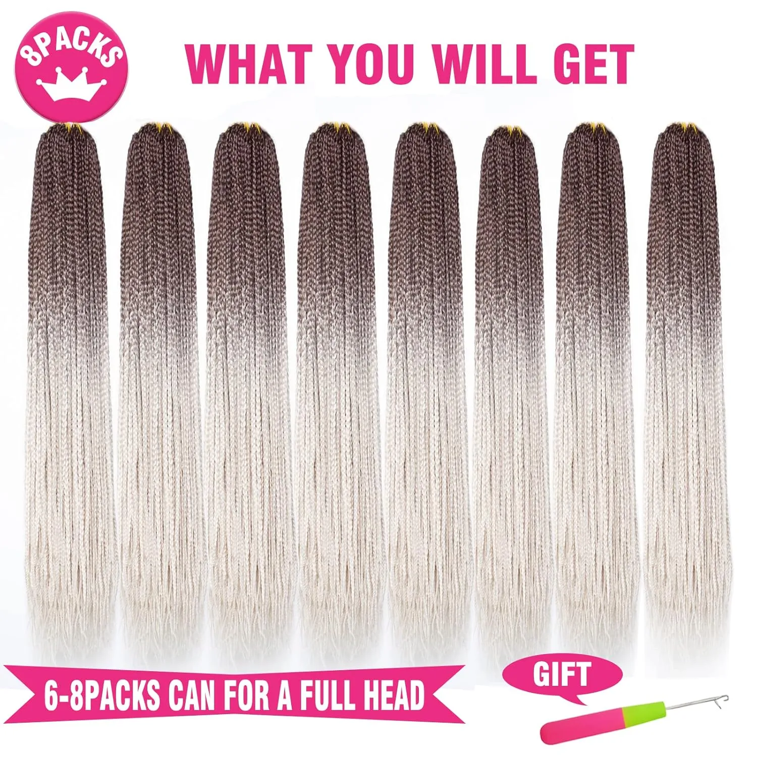 Unionbeauty 8 Packs Ombre Box Braids Crochet Hair Pre-looped Goddess Box Braids Crochet Hair 18 Inch Blonde Brown Knotless Box Braids Hair for Black Woman Synthetic Braiding Hair Extension 4/60#