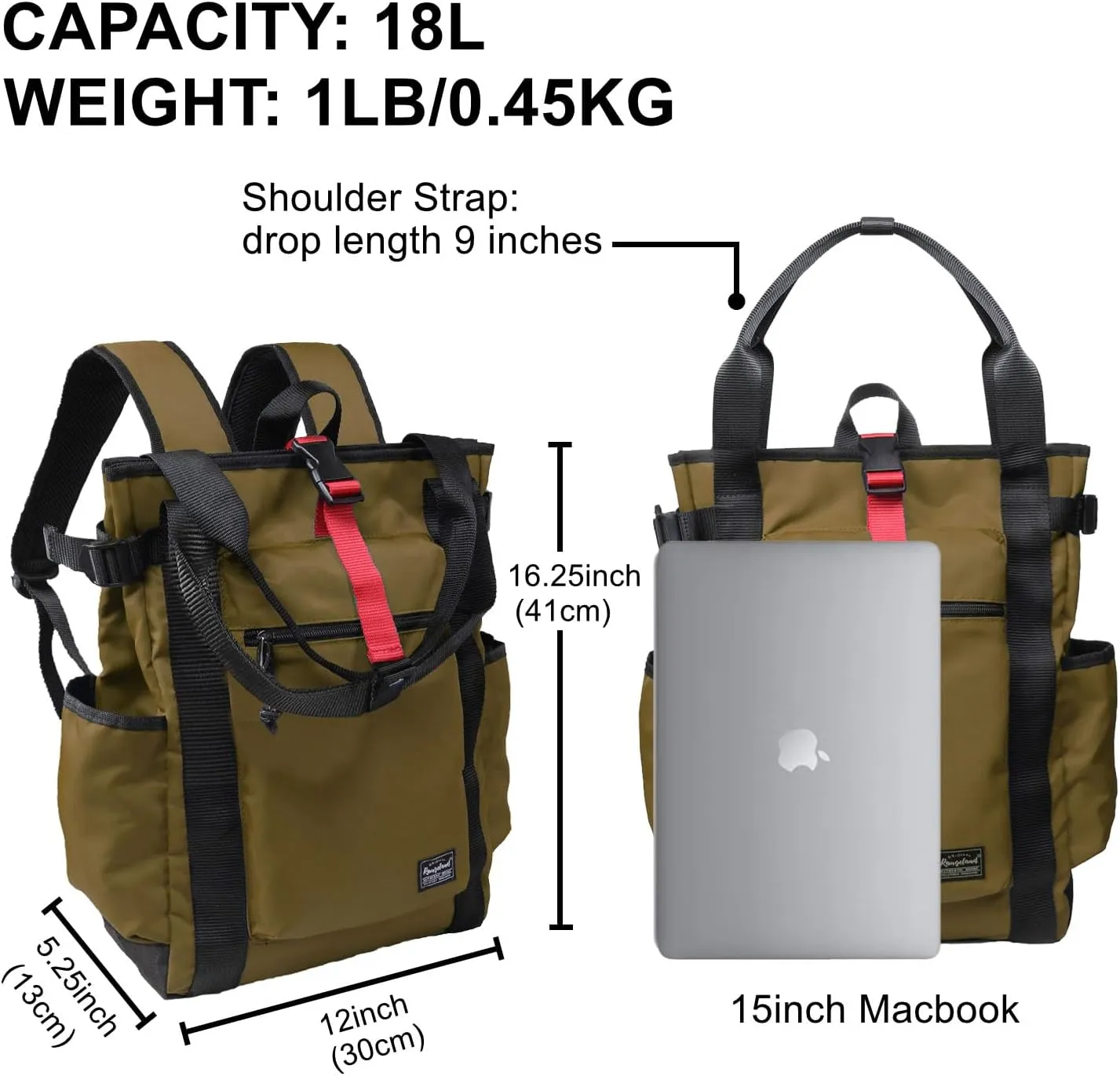 Unisex Laptop Tote Backpack Convertible Lightweight Nylon Water-Resistant Everyday Shoulder Tote bag Backpack with Water Bottle Pocket Work Travel, Khaki