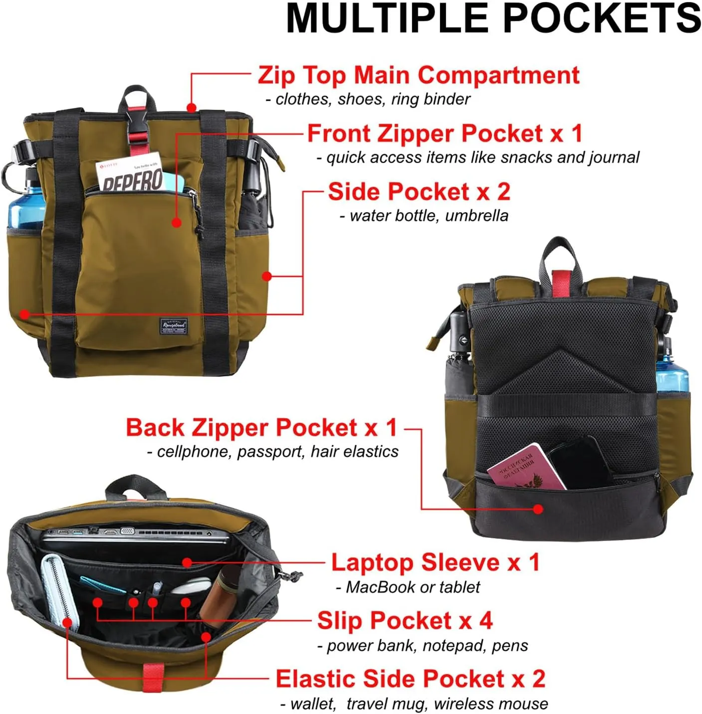 Unisex Laptop Tote Backpack Convertible Lightweight Nylon Water-Resistant Everyday Shoulder Tote bag Backpack with Water Bottle Pocket Work Travel, Khaki
