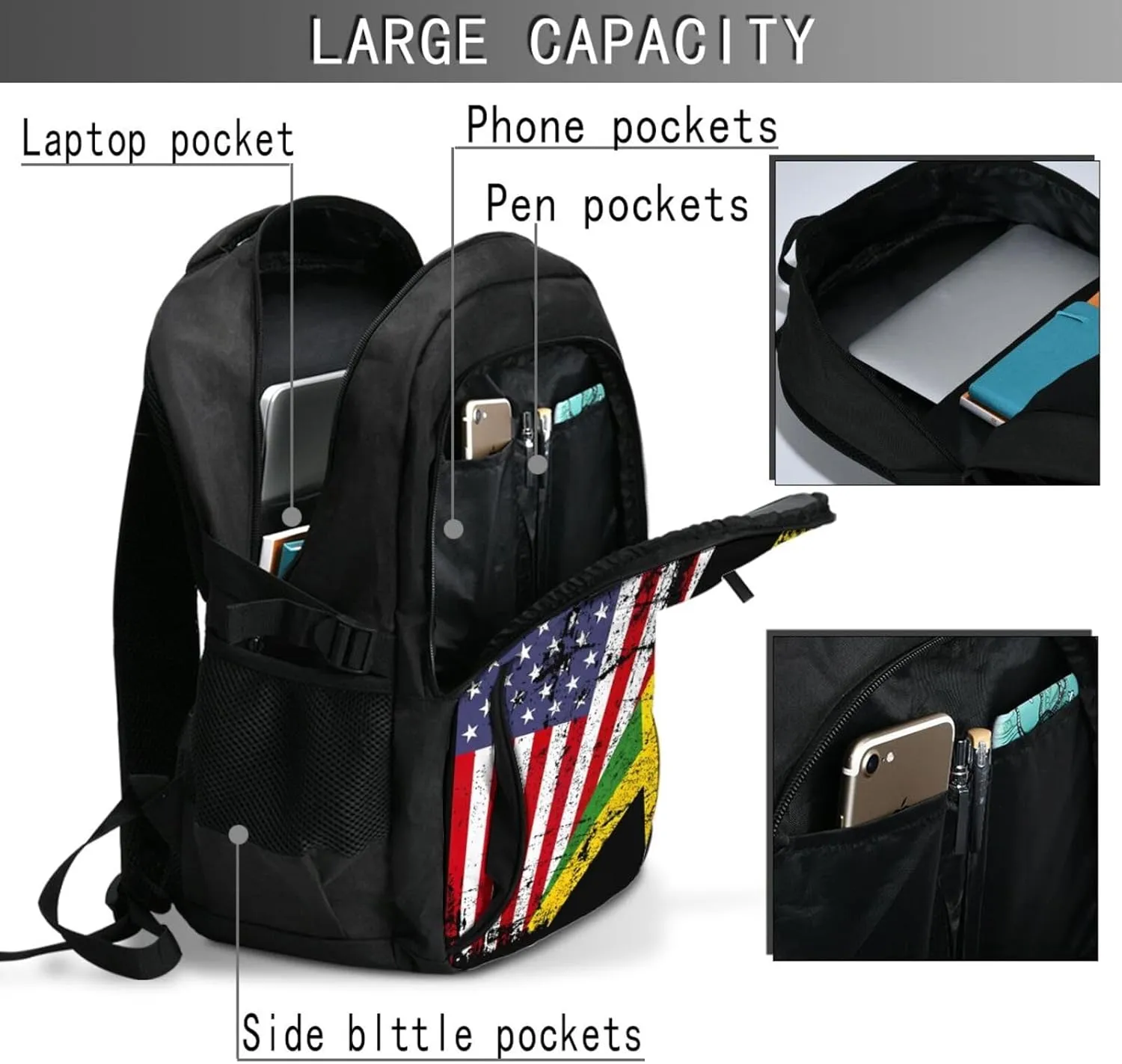 United States Flag Jamaica Flag Casual Travel Backpacks Hiking Camping Backpack Large Outdoor Sport Daypack Laptop Rucksack Climbing Working Bags with USB Port