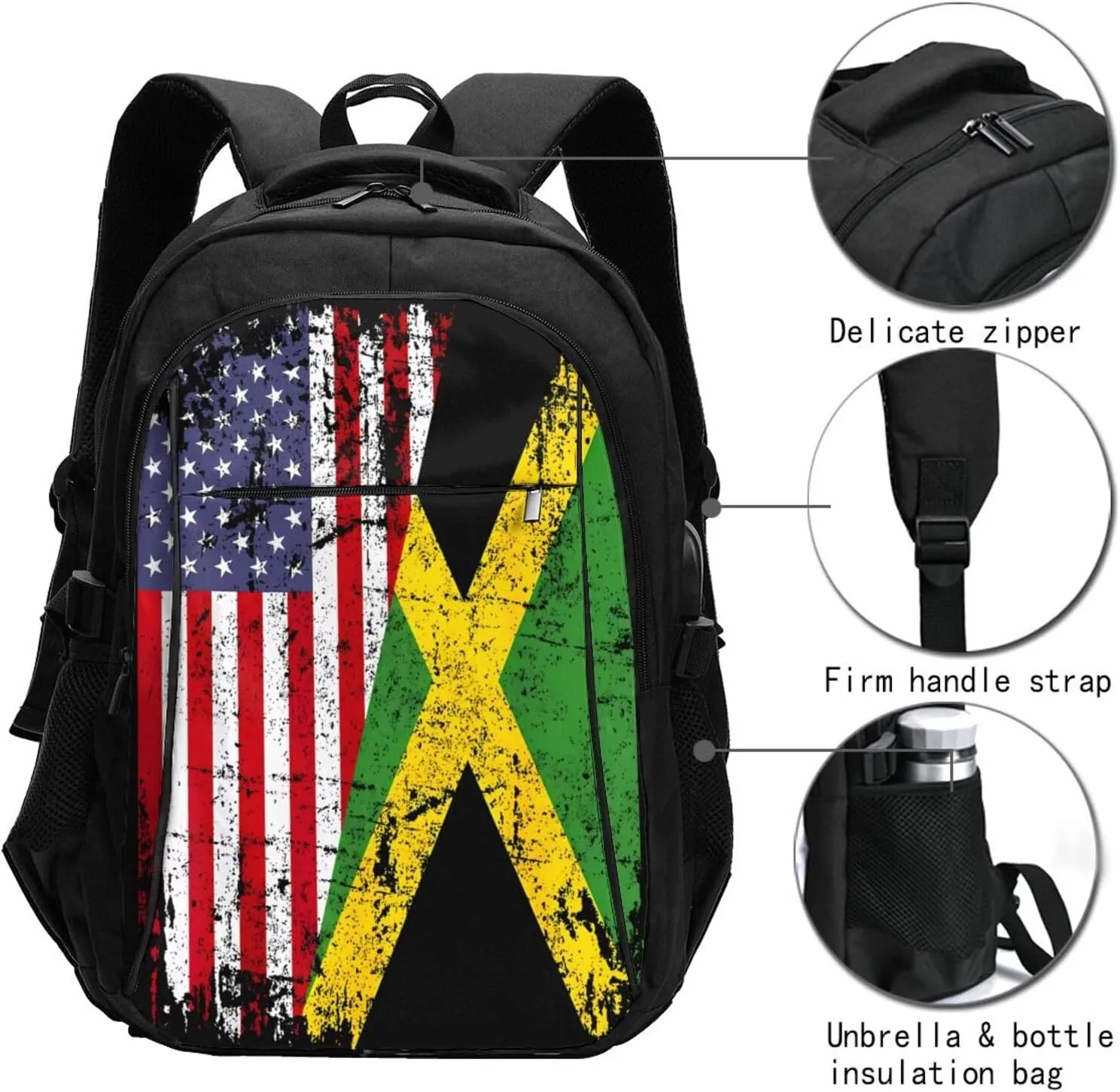 United States Flag Jamaica Flag Casual Travel Backpacks Hiking Camping Backpack Large Outdoor Sport Daypack Laptop Rucksack Climbing Working Bags with USB Port