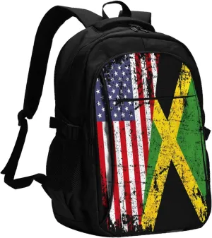 United States Flag Jamaica Flag Casual Travel Backpacks Hiking Camping Backpack Large Outdoor Sport Daypack Laptop Rucksack Climbing Working Bags with USB Port