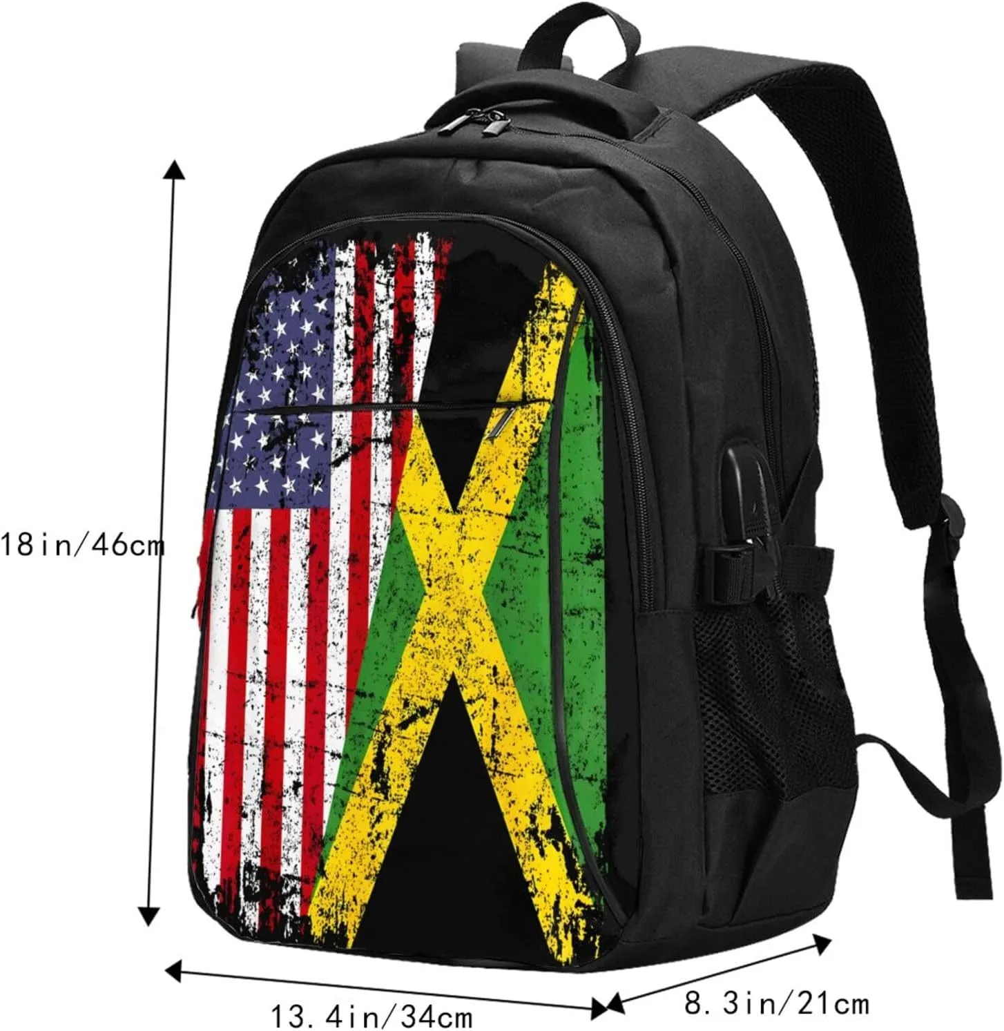 United States Flag Jamaica Flag Casual Travel Backpacks Hiking Camping Backpack Large Outdoor Sport Daypack Laptop Rucksack Climbing Working Bags with USB Port