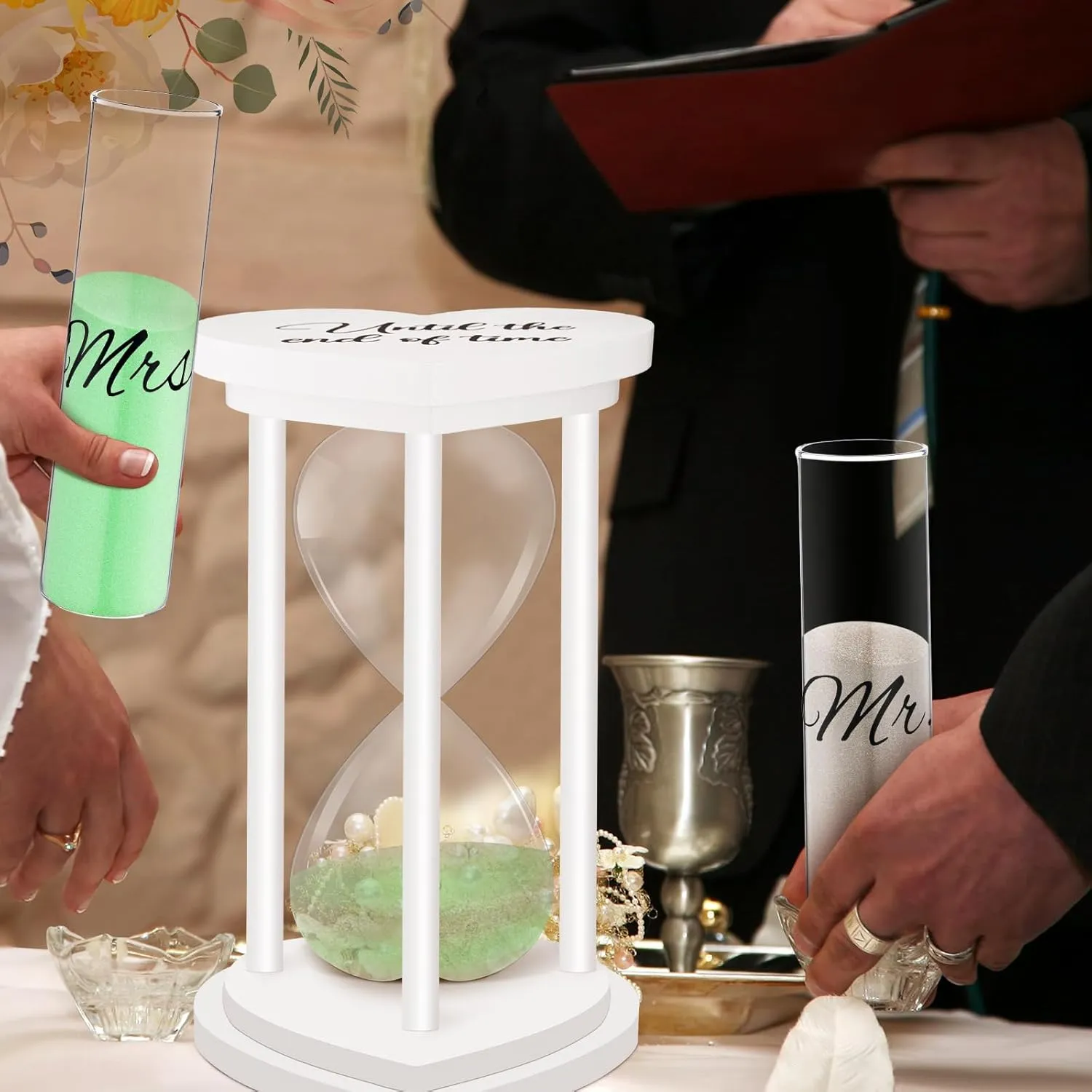 Unity Sand for Wedding Ceremony Set Include Wooden Unity Hour Glass 2 Vase 2 Bag Sand 1 Funnel for Wedding Engagement Anniversary Table Decorations(White,Classic)