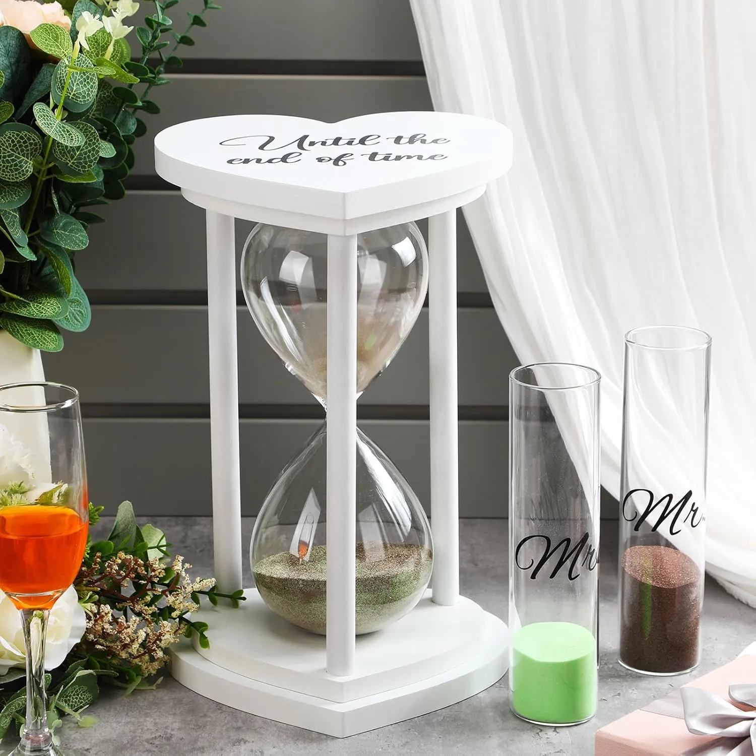 Unity Sand for Wedding Ceremony Set Include Wooden Unity Hour Glass 2 Vase 2 Bag Sand 1 Funnel for Wedding Engagement Anniversary Table Decorations(White,Classic)