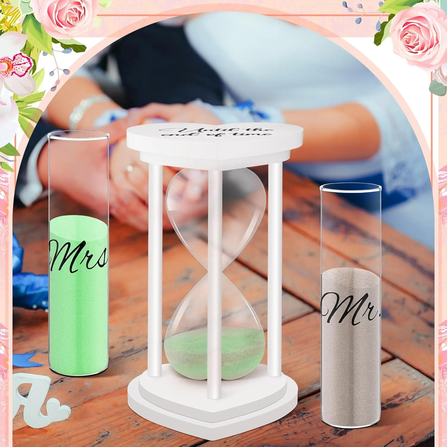 Unity Sand for Wedding Ceremony Set Include Wooden Unity Hour Glass 2 Vase 2 Bag Sand 1 Funnel for Wedding Engagement Anniversary Table Decorations(White,Classic)