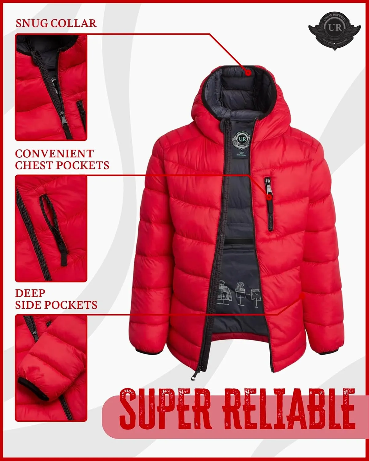 URBAN REPUBLIC Boys’ Foldable Hooded Jacket – Insulated Weather Resistant Bubble Puffer Windbreaker Coat for Boys Sizes 4-20