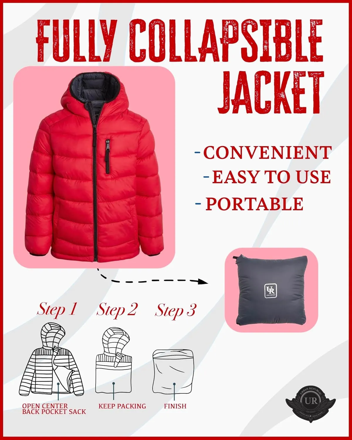 URBAN REPUBLIC Boys’ Foldable Hooded Jacket – Insulated Weather Resistant Bubble Puffer Windbreaker Coat for Boys Sizes 4-20