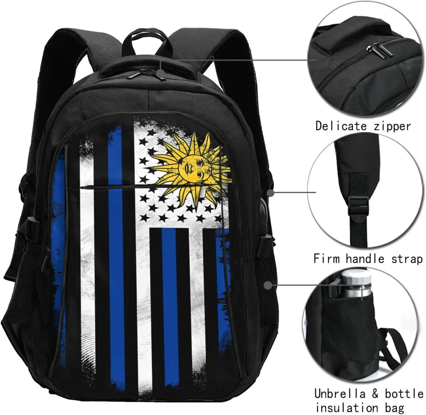 Uruguay Uruguayan American Flag Business Laptop Backpack Travel Backpacks Outdoor Rucksack Large Bag Daypack with USB Charging Port Multi-Pocket for Hiking Camping