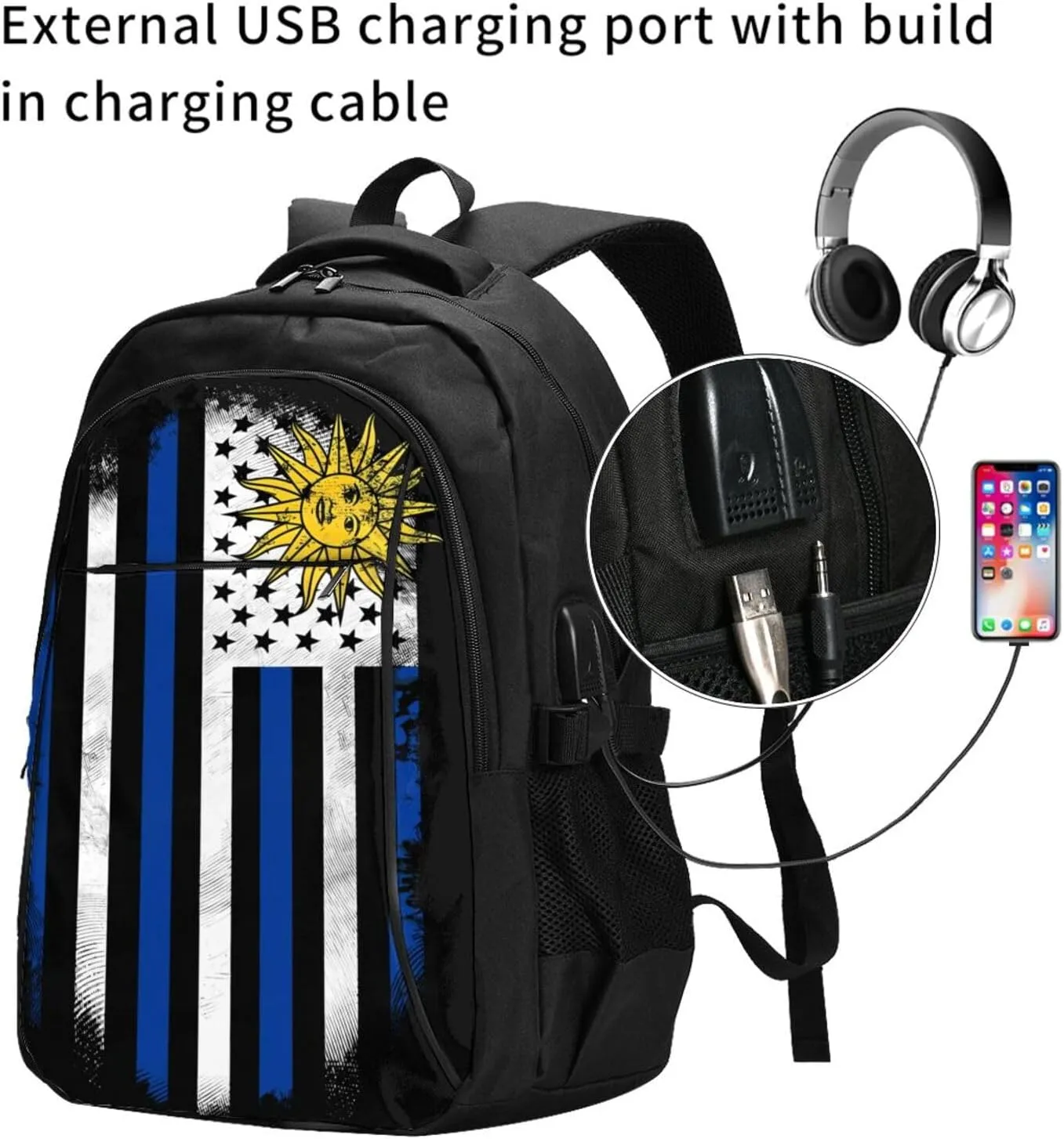 Uruguay Uruguayan American Flag Business Laptop Backpack Travel Backpacks Outdoor Rucksack Large Bag Daypack with USB Charging Port Multi-Pocket for Hiking Camping