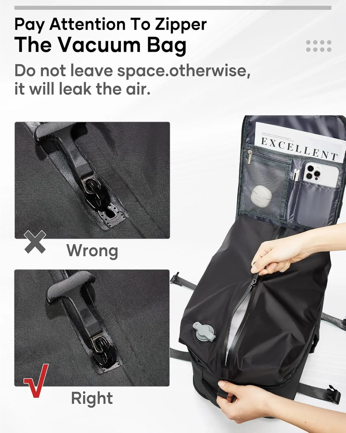Vacuum Backpack Travel, Airback Backpack with Pump Personal Item Carry On Bag Flight Approved Laptop Work Seal Compression Backpacks Men Women Vacpack Waterproof Business College Casual Daypack Black