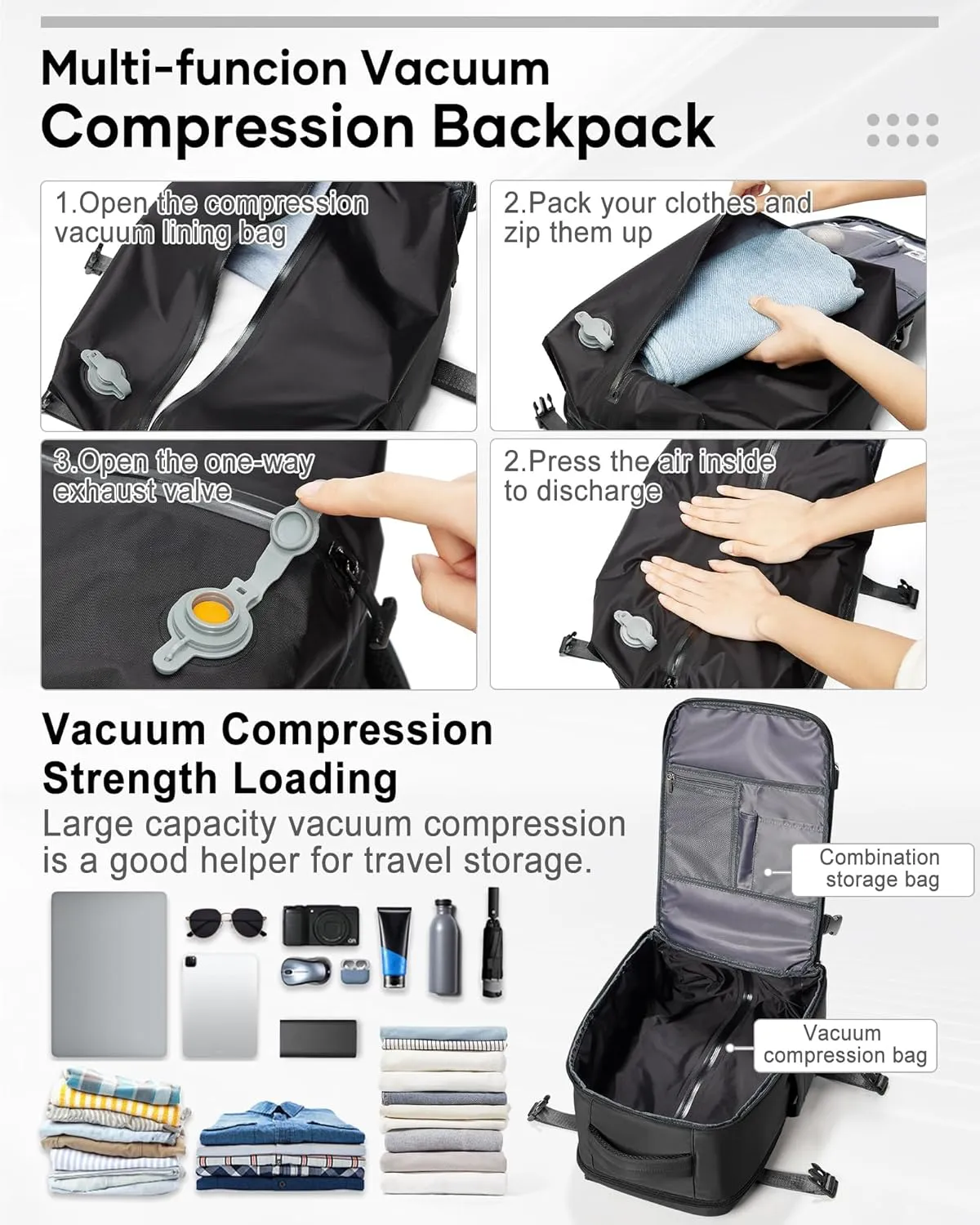 Vacuum Backpack Travel, Airback Backpack with Pump Personal Item Carry On Bag Flight Approved Laptop Work Seal Compression Backpacks Men Women Vacpack Waterproof Business College Casual Daypack Black