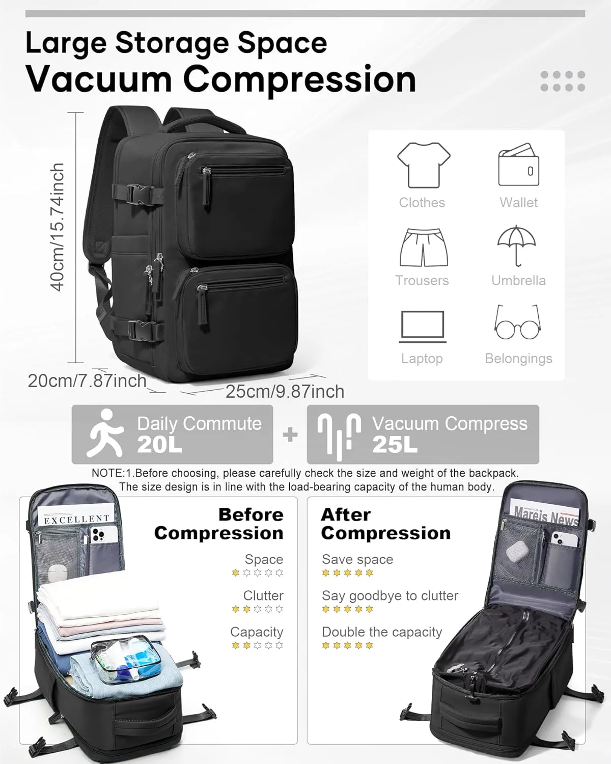 Vacuum Backpack Travel, Airback Backpack with Pump Personal Item Carry On Bag Flight Approved Laptop Work Seal Compression Backpacks Men Women Vacpack Waterproof Business College Casual Daypack Black
