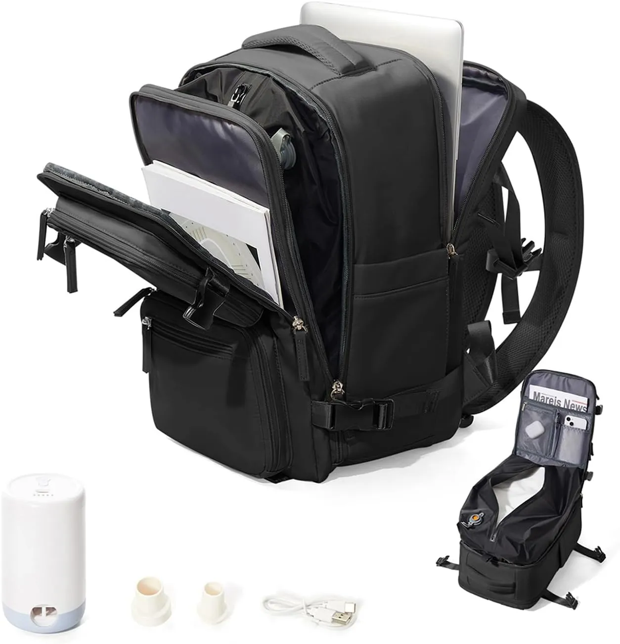 Vacuum Backpack Travel, Airback Backpack with Pump Personal Item Carry On Bag Flight Approved Laptop Work Seal Compression Backpacks Men Women Vacpack Waterproof Business College Casual Daypack Black