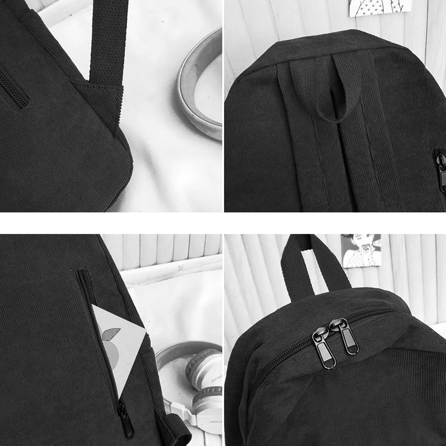 Van Caro Corduroy School Backpack Large College Backpack Casual Bookbag Laptop Backpack Computer Bag Travel Daypack for Girls Boys Teens,Black(no Pendant)