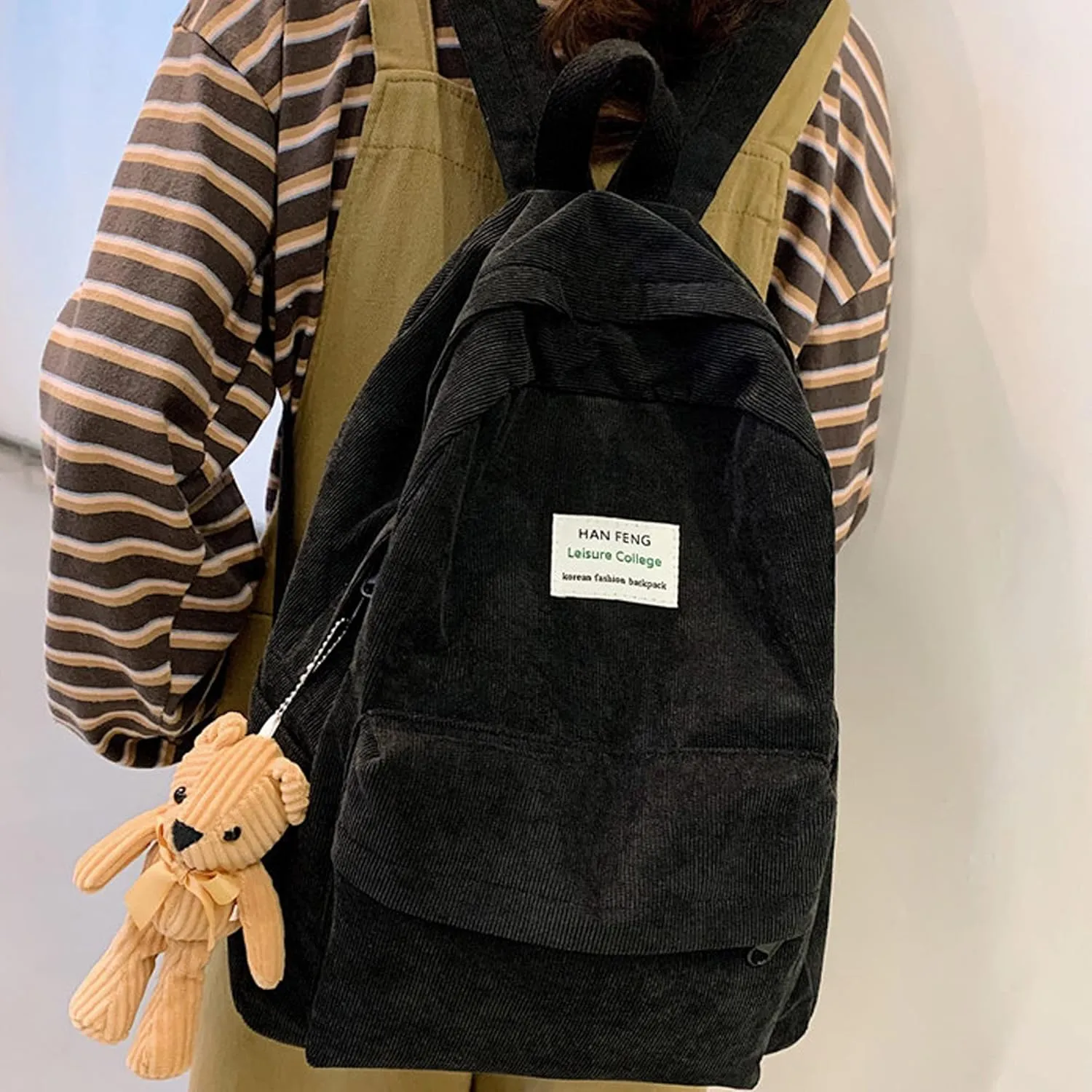 Van Caro Corduroy School Backpack Large College Backpack Casual Bookbag Laptop Backpack Computer Bag Travel Daypack for Girls Boys Teens,Black(no Pendant)