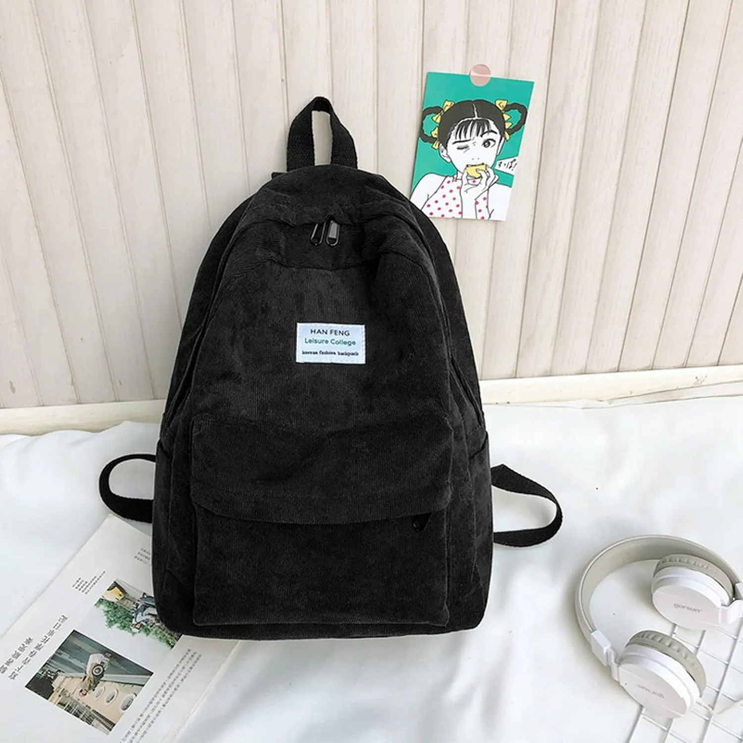 Van Caro Corduroy School Backpack Large College Backpack Casual Bookbag Laptop Backpack Computer Bag Travel Daypack for Girls Boys Teens,Black(no Pendant)