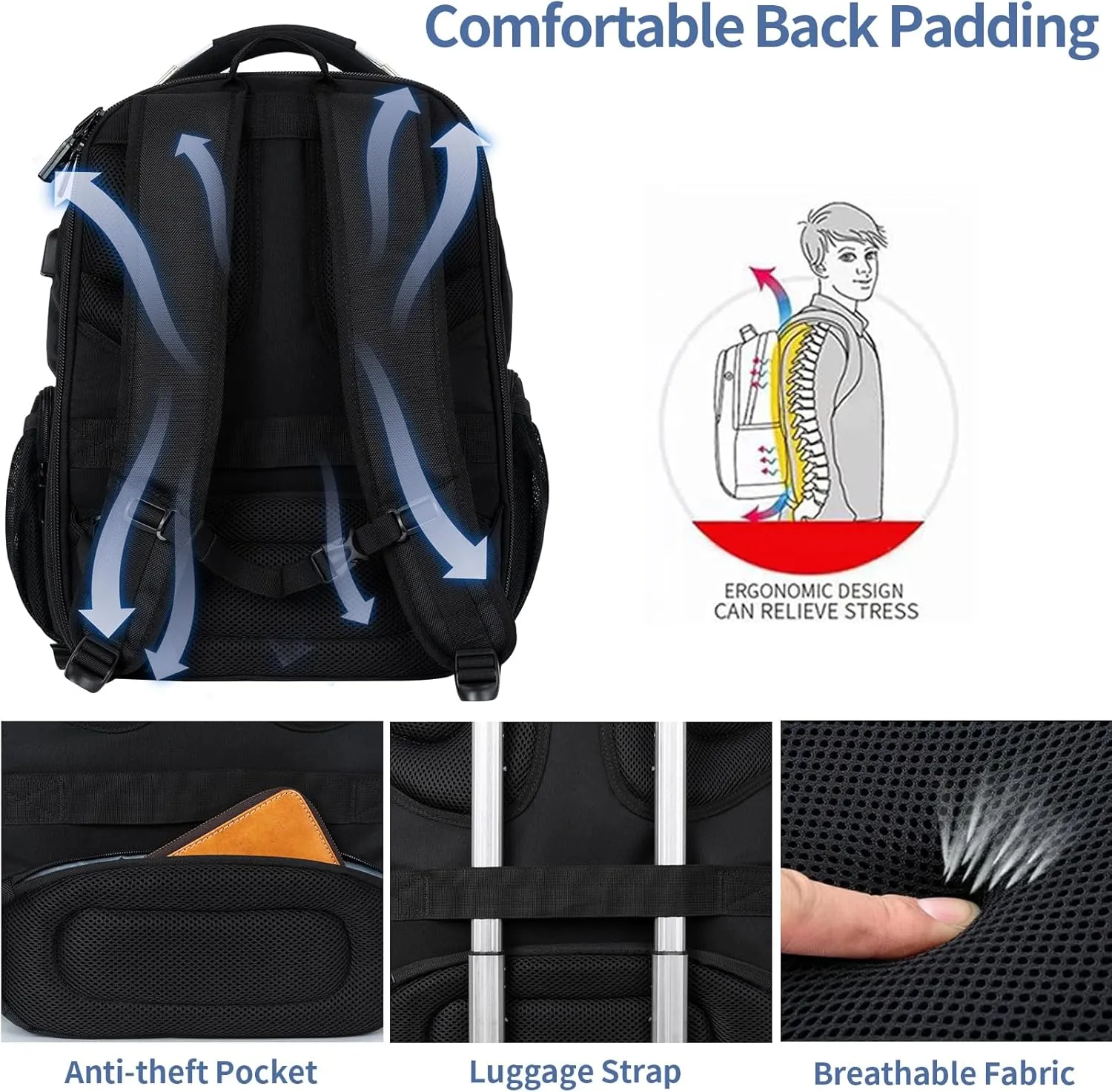 VANKEAN Travel Laptop Backpack 17.3 Inch TSA Friendly, Water-Repellent Anti Theft XL Computer Backpack with RFID Pockets College Backpacks with USB Port for Men Women Business Work Bag, Black