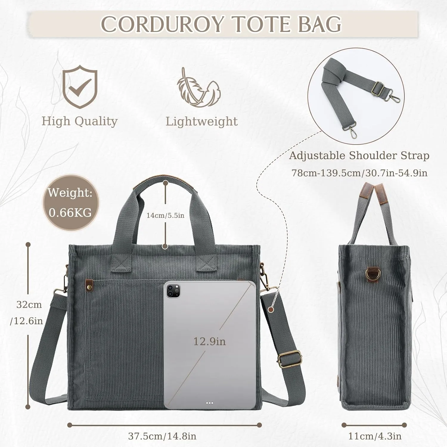 VASCHY Corduroy Tote Bag for Women, Casual Sturdy Work Satchel Top Handle Tote Bag with Zipper Pockets Crossbody Shoulder Bag