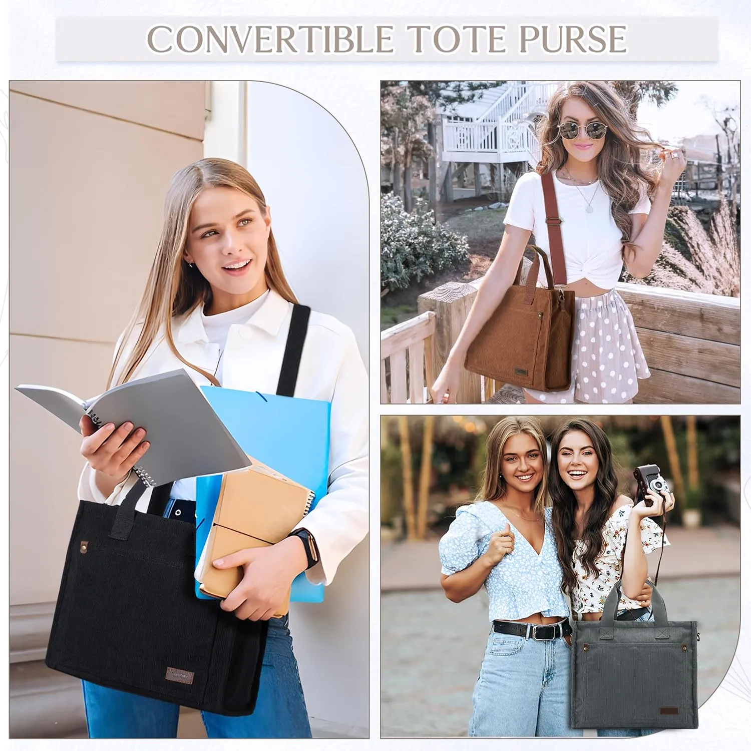 VASCHY Corduroy Tote Bag for Women, Casual Sturdy Work Satchel Top Handle Tote Bag with Zipper Pockets Crossbody Shoulder Bag
