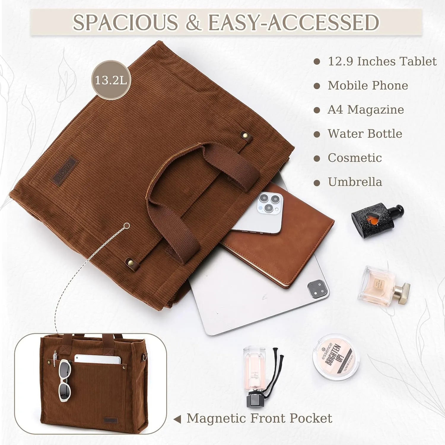 VASCHY Corduroy Tote Bag for Women, Casual Sturdy Work Satchel Top Handle Tote Bag with Zipper Pockets Crossbody Shoulder Bag