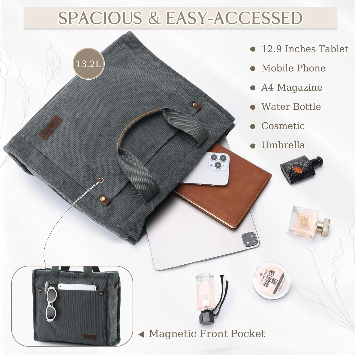 VASCHY Corduroy Tote Bag for Women, Casual Sturdy Work Satchel Top Handle Tote Bag with Zipper Pockets Crossbody Shoulder Bag