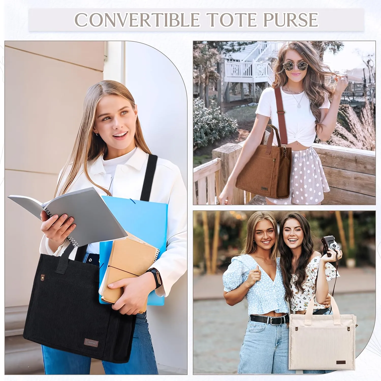 VASCHY Corduroy Tote Bag for Women, Casual Sturdy Work Satchel Top Handle Tote Bag with Zipper Pockets Crossbody Shoulder Bag