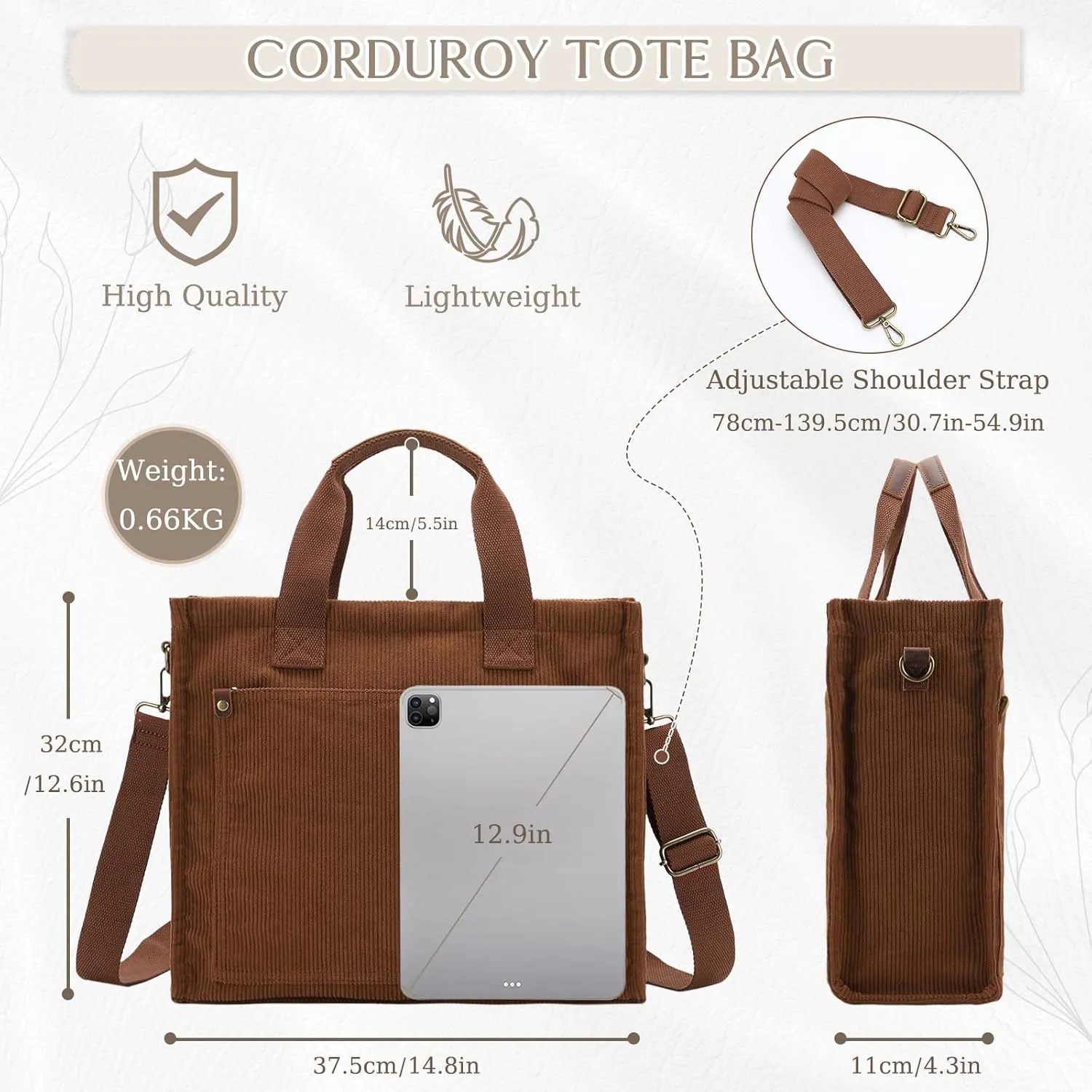VASCHY Corduroy Tote Bag for Women, Casual Sturdy Work Satchel Top Handle Tote Bag with Zipper Pockets Crossbody Shoulder Bag