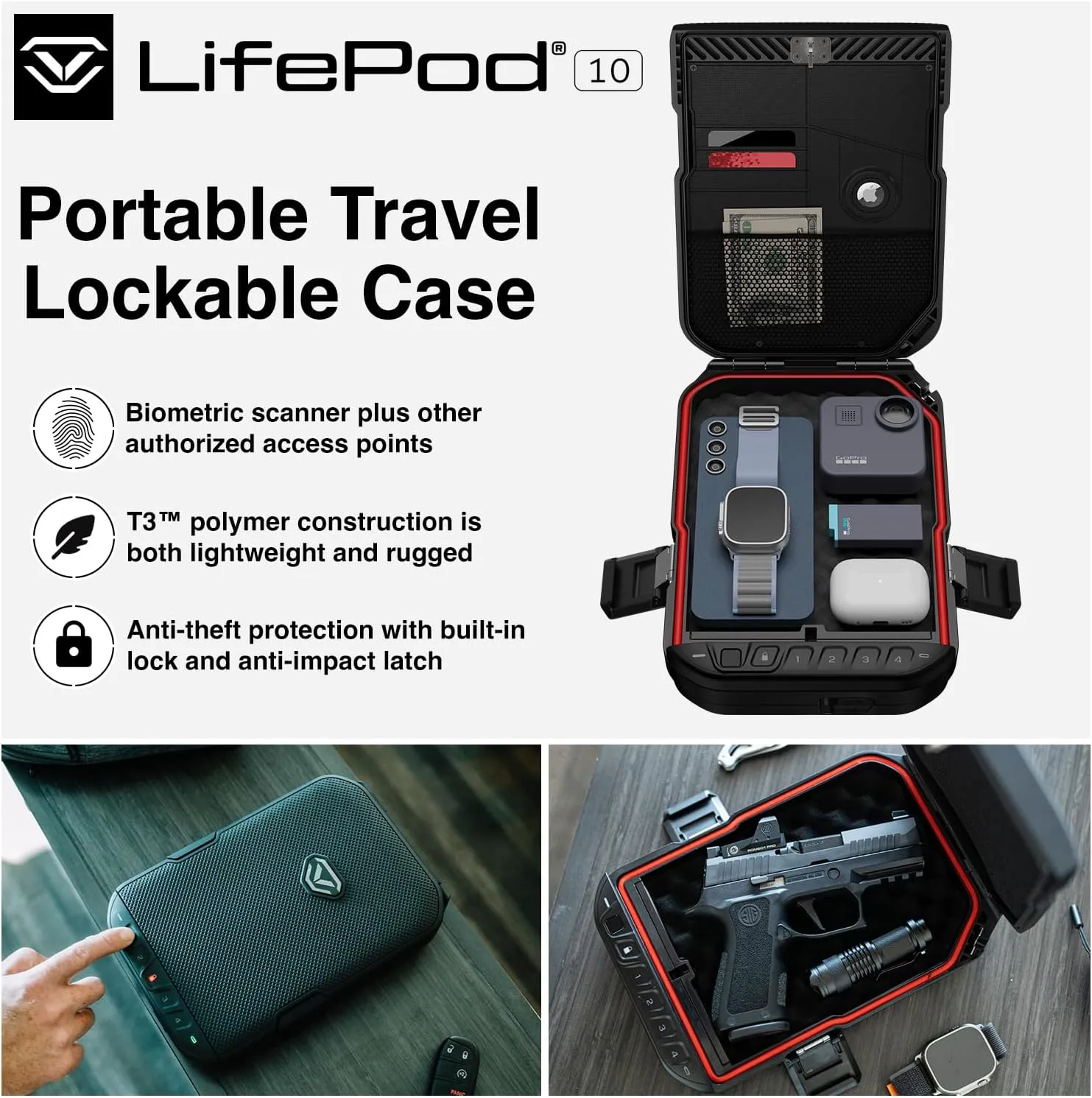 VAULTEK LifePod Secure Waterproof Travel Case Rugged Electronic Lock Box Travel Organizer Portable Handgun Case with Backlit Keypad (Titanium Gray) (Biometric)